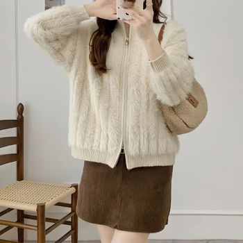 Női mink velvet kötött kardigánkabát, téli 2024, cipzáras lezárás, kerek nyak, hosszú ujjak