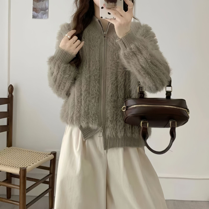 Női mink velvet kötött kardigánkabát, téli 2024, cipzáras lezárás, kerek nyak, hosszú ujjak