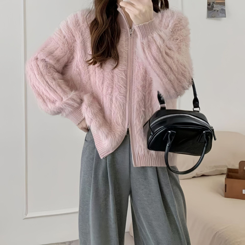 Női mink velvet kötött kardigánkabát, téli 2024, cipzáras lezárás, kerek nyak, hosszú ujjak