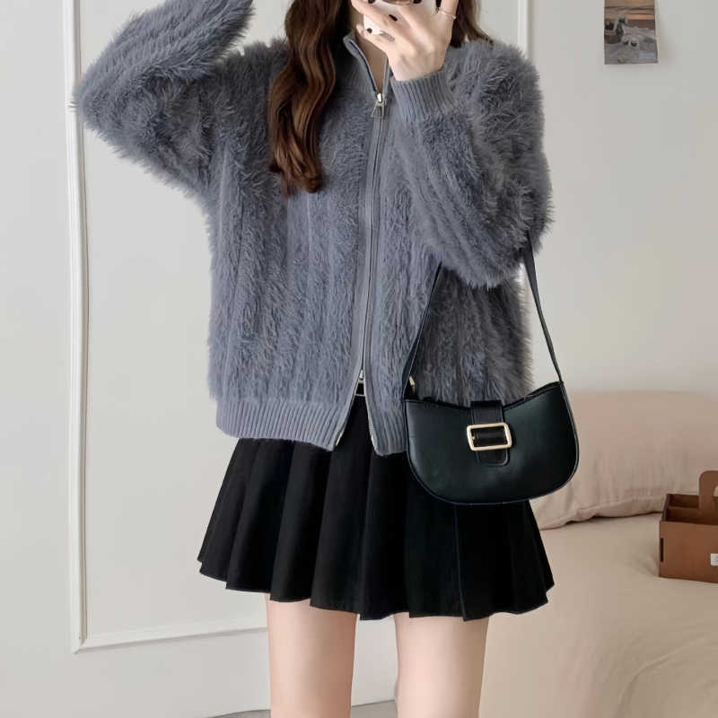 Női mink velvet kötött kardigánkabát, téli 2024, cipzáras lezárás, kerek nyak, hosszú ujjak