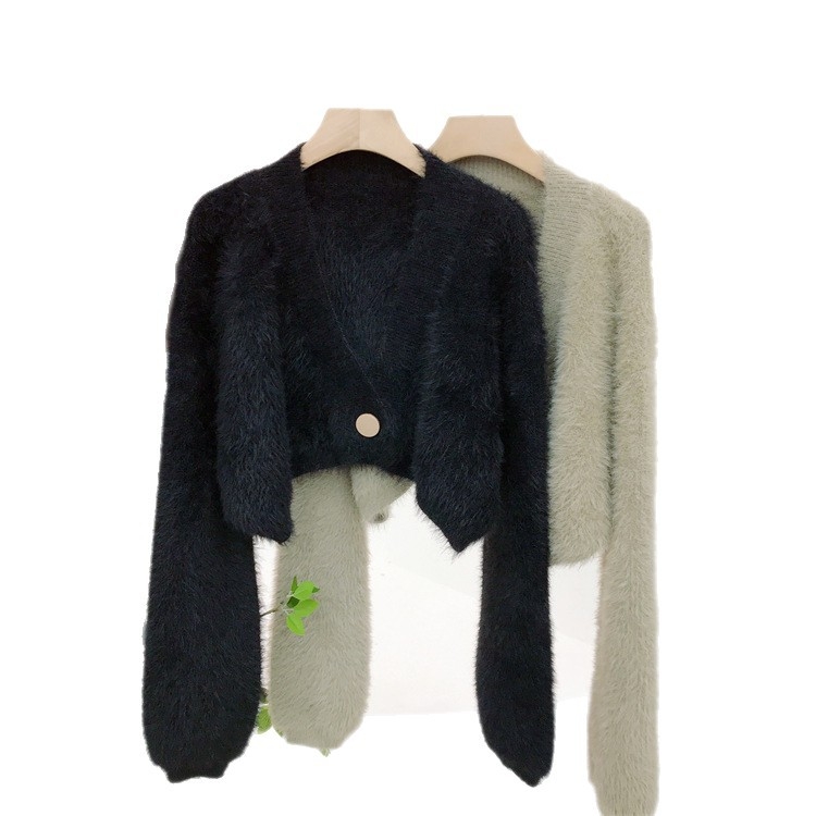 Mink velúr műszőr kardigán, laza szabású, V-nyakú, egygombos záródás