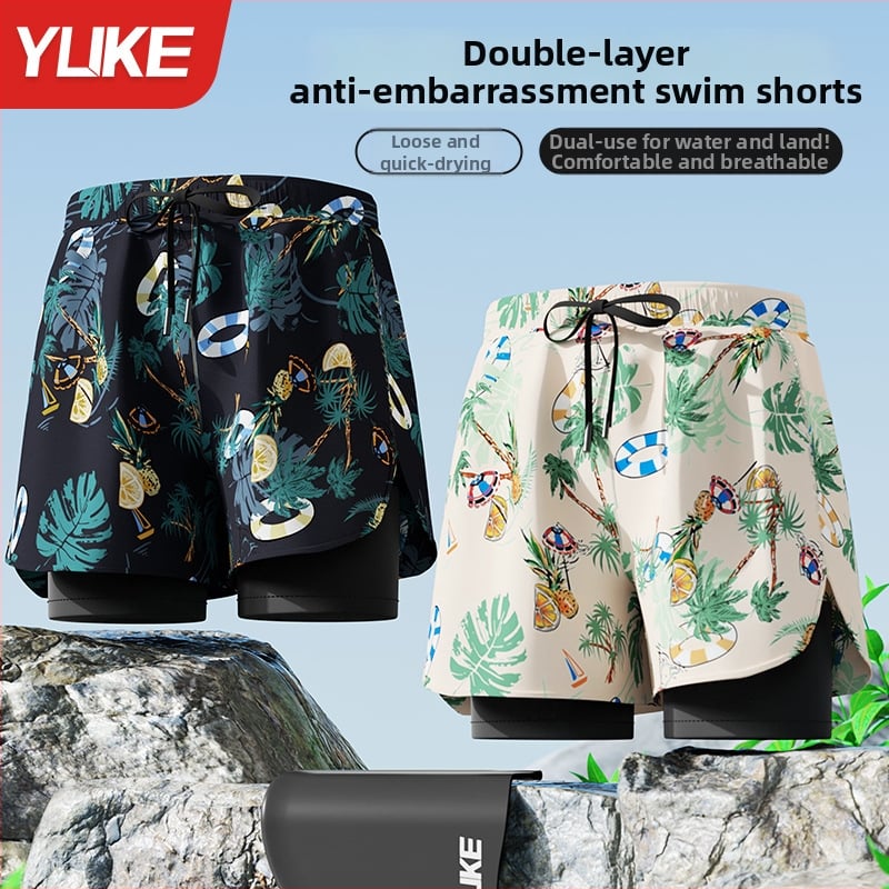 Мъжки плувни къси панталони - нов стил, двуслоен бързосъхнещ материал, антипрозрачност; за плуване и водни спортове; полиестер 85%, тегло 165 g, подплата 100% полиестер, модел: разкъсани цветя