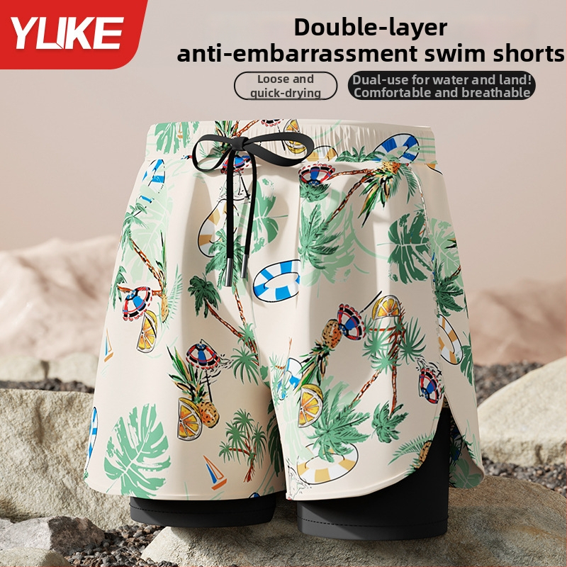 Мъжки плувни къси панталони - нов стил, двуслоен бързосъхнещ материал, антипрозрачност; за плуване и водни спортове; полиестер 85%, тегло 165 g, подплата 100% полиестер, модел: разкъсани цветя