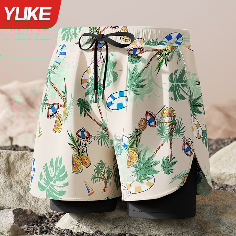 Мъжки плувни къси панталони - нов стил, двуслоен бързосъхнещ материал, антипрозрачност; за плуване и водни спортове; полиестер 85%, тегло 165 g, подплата 100% полиестер, модел: разкъсани цветя