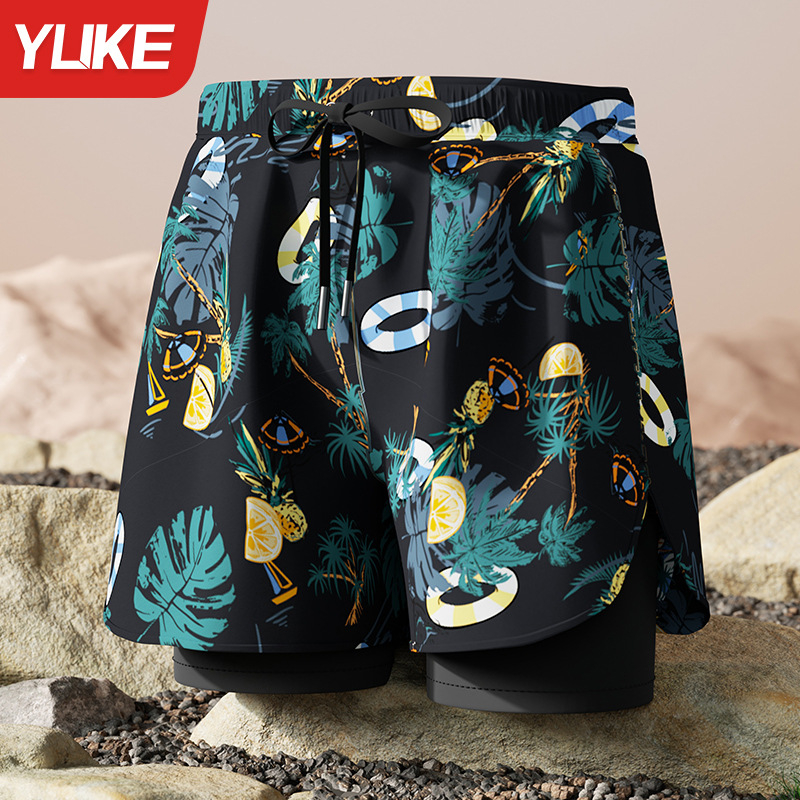 Мъжки плувни къси панталони - нов стил, двуслоен бързосъхнещ материал, антипрозрачност; за плуване и водни спортове; полиестер 85%, тегло 165 g, подплата 100% полиестер, модел: разкъсани цветя