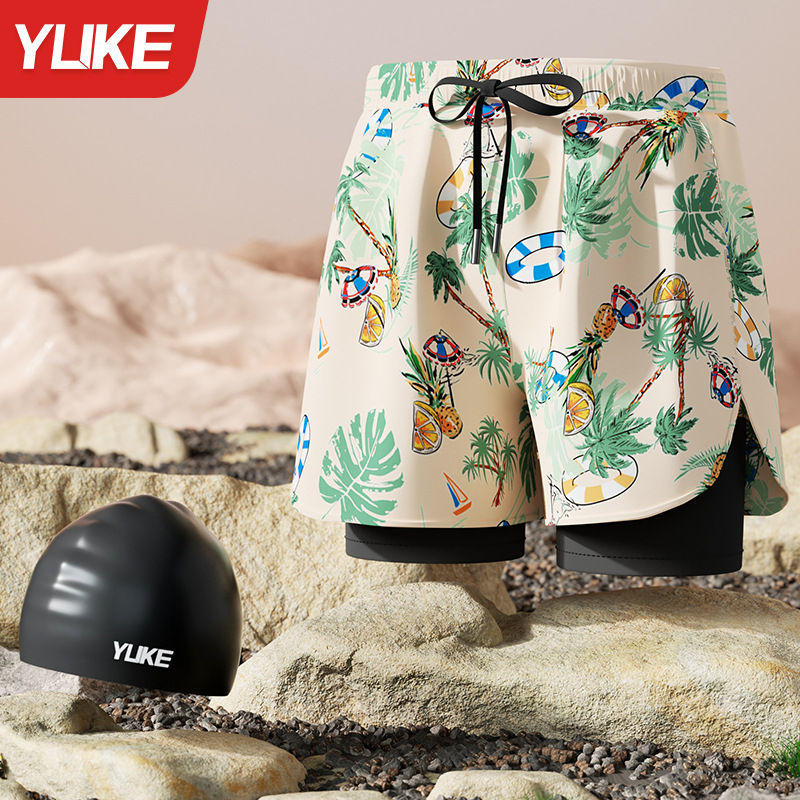 Мъжки плувни къси панталони - нов стил, двуслоен бързосъхнещ материал, антипрозрачност; за плуване и водни спортове; полиестер 85%, тегло 165 g, подплата 100% полиестер, модел: разкъсани цветя