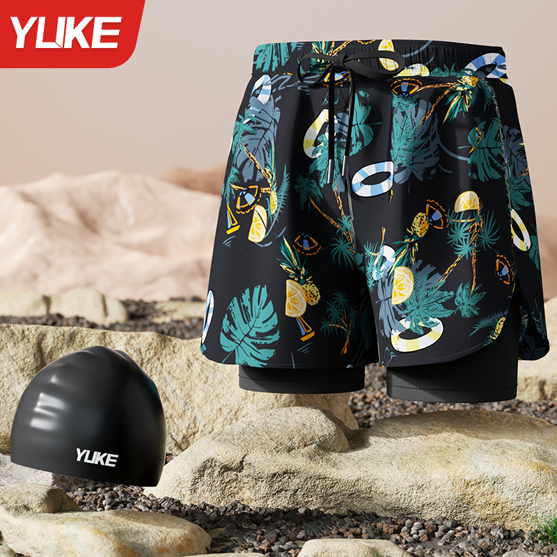 Мъжки плувни къси панталони - нов стил, двуслоен бързосъхнещ материал, антипрозрачност; за плуване и водни спортове; полиестер 85%, тегло 165 g, подплата 100% полиестер, модел: разкъсани цветя