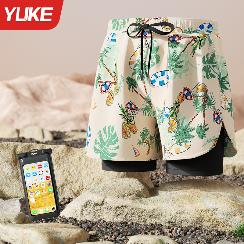 Мъжки плувни къси панталони - нов стил, двуслоен бързосъхнещ материал, антипрозрачност; за плуване и водни спортове; полиестер 85%, тегло 165 g, подплата 100% полиестер, модел: разкъсани цветя