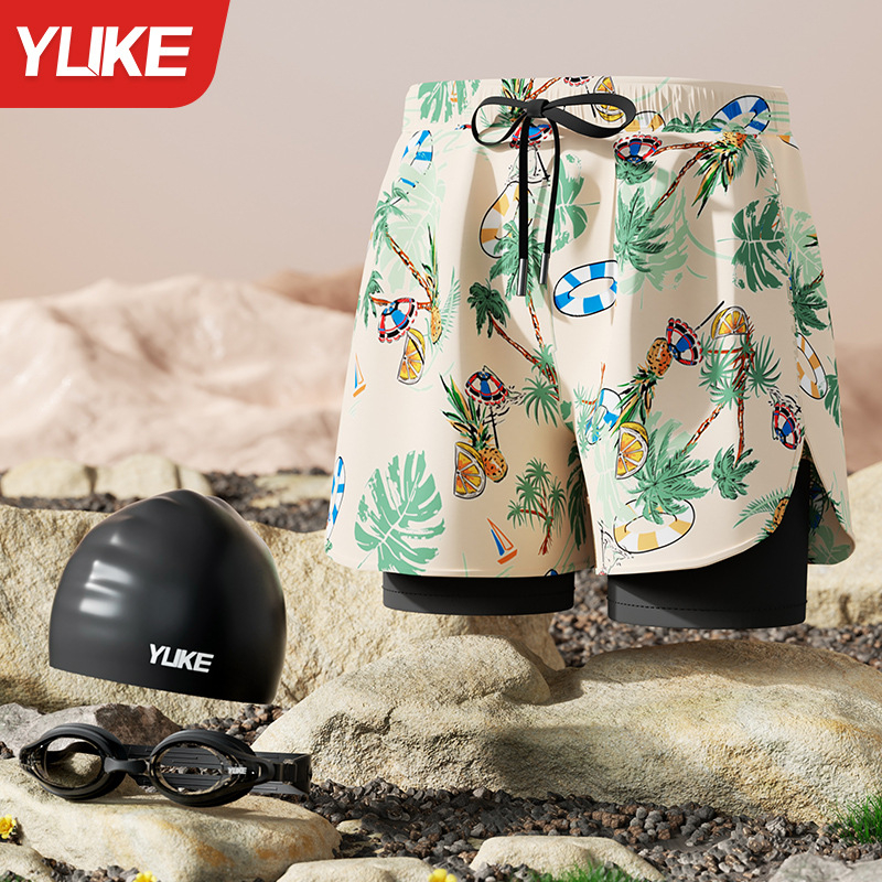 Мъжки плувни къси панталони - нов стил, двуслоен бързосъхнещ материал, антипрозрачност; за плуване и водни спортове; полиестер 85%, тегло 165 g, подплата 100% полиестер, модел: разкъсани цветя