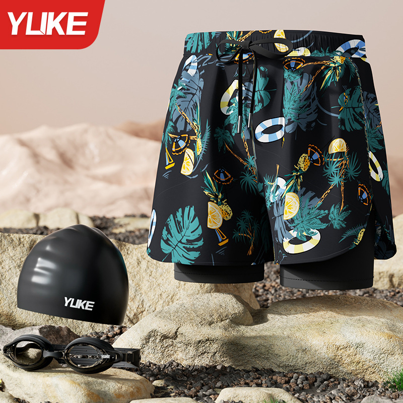 Мъжки плувни къси панталони - нов стил, двуслоен бързосъхнещ материал, антипрозрачност; за плуване и водни спортове; полиестер 85%, тегло 165 g, подплата 100% полиестер, модел: разкъсани цветя