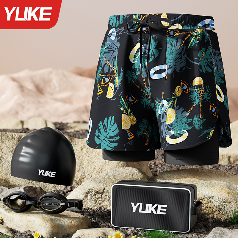 Мъжки плувни къси панталони - нов стил, двуслоен бързосъхнещ материал, антипрозрачност; за плуване и водни спортове; полиестер 85%, тегло 165 g, подплата 100% полиестер, модел: разкъсани цветя