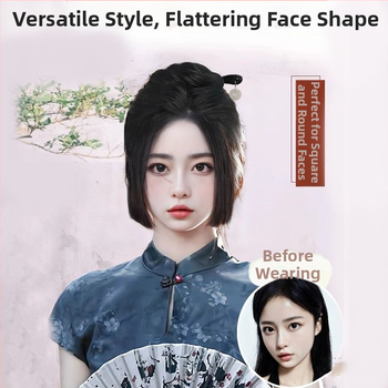 Perucă cu breton Ji Fa, stil chinezesc, fără cusături, model GZ1082, fibre rezistente la temperaturi înalte