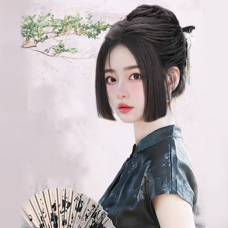 Perucă cu breton Ji Fa, stil chinezesc, fără cusături, model GZ1082, fibre rezistente la temperaturi înalte