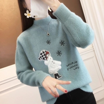 Női vastag kötött pulóver imitált mink-szőrrel, lazán szabott, gallér-sál stílusú, hosszú ujjú