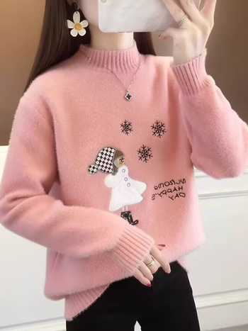 Női Mink bársony fél-nyakú pulóver, hosszú ujjú, poliészter 30–50%, őszi 2025, egyetemi stílus