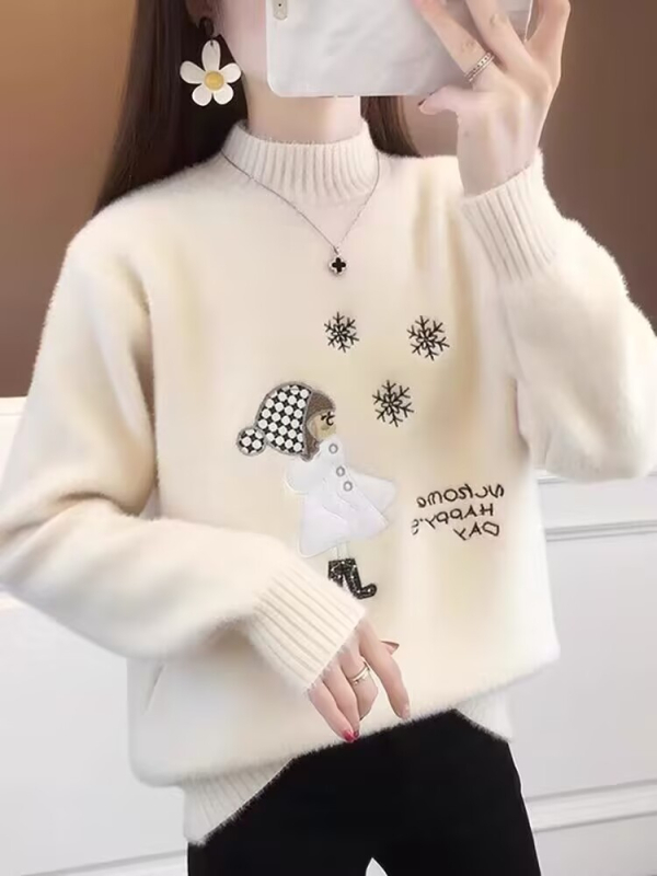 Női Mink bársony fél-nyakú pulóver, hosszú ujjú, poliészter 30–50%, őszi 2025, egyetemi stílus