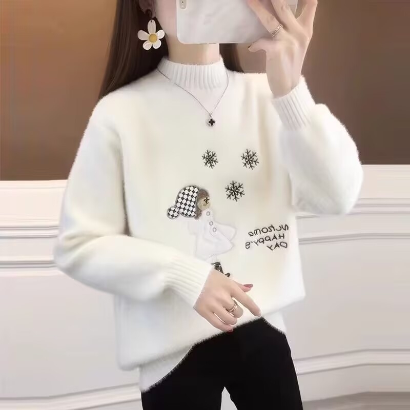 Női Mink bársony fél-nyakú pulóver, hosszú ujjú, poliészter 30–50%, őszi 2025, egyetemi stílus