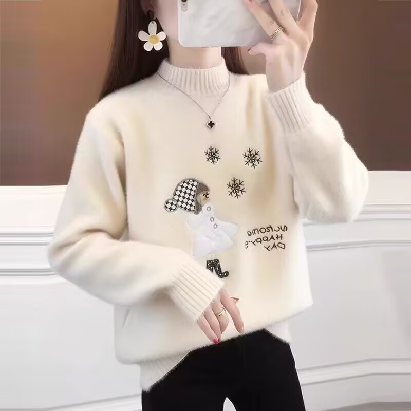 Női Mink bársony fél-nyakú pulóver, hosszú ujjú, poliészter 30–50%, őszi 2025, egyetemi stílus