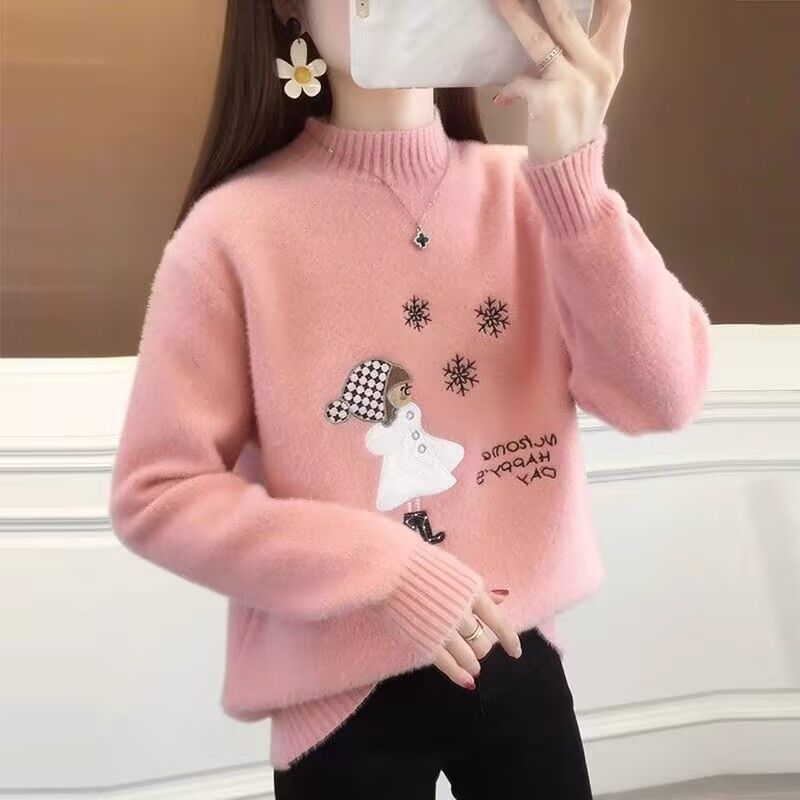 Női Mink bársony fél-nyakú pulóver, hosszú ujjú, poliészter 30–50%, őszi 2025, egyetemi stílus