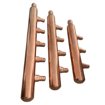 Meďový rozdeľovač podlahového vykurovania, model MFOCPEX, elektroplátovaný meď, pracovné médium: voda, prispôsobenie k dispozícii