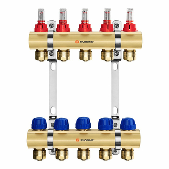 Réz padlófűtés vízelosztó A0313 – menetes csatlakozás, 5–60°C, ágcsőátmérő 16×2.0–20×2.0