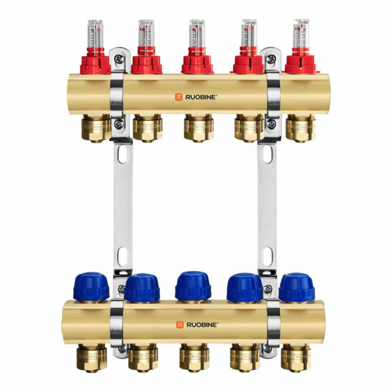 Réz padlófűtés vízelosztó A0313 – menetes csatlakozás, 5–60°C, ágcsőátmérő 16×2.0–20×2.0