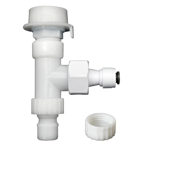 Kétcsatlakozós adapterrel ellátott háromágú vízbevezető Tee, műanyagból, matt felület, gyorscsatlakozás telepítés, ágcső átmérője 15 mm