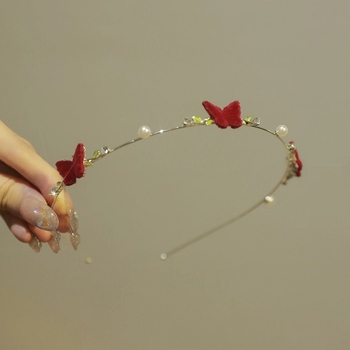 Fém hajpánt kézzel készített, retro stílusú, flockolt virágokkal, gyöngyökkel és pillangó dísz, nőknek