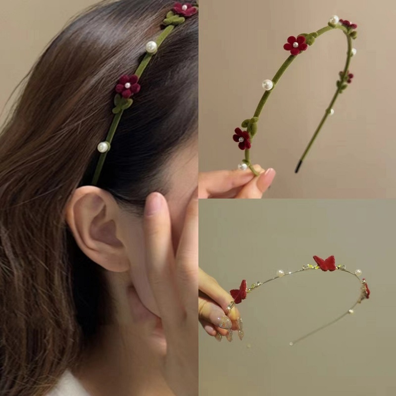 Fém hajpánt kézzel készített, retro stílusú, flockolt virágokkal, gyöngyökkel és pillangó dísz, nőknek