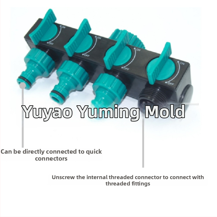 Záhradný vodovodný rozdeľovač – štvorkanálový rozdeľovač, ABS, hmotnosť 0,26 kg, tlak vody 8 kg, delí jeden kohútik na štyri výstupy