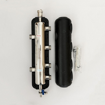 Padlófűtés összekapcsoló tartály, falra szerelt kazánhoz szánt vízelosztó és keverő tartály, 2 bemenet-4 kimenet, rozsdamentes acél 304, modell ZZ18122 (Modell ZZ18122; Rozsdamentes acél 304; Működési hőmérséklet 0–120 °C; Főcső Ø25; Leágazó Ø15)