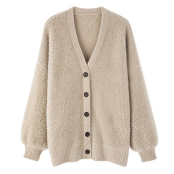 Kardigán vízálló nerc velúr anyagból, kötött, V-nyakú, laza szabás, hossz 50–65 cm