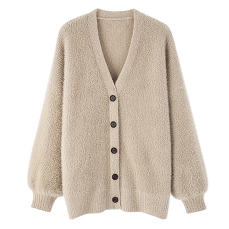Kardigán vízálló nerc velúr anyagból, kötött, V-nyakú, laza szabás, hossz 50–65 cm