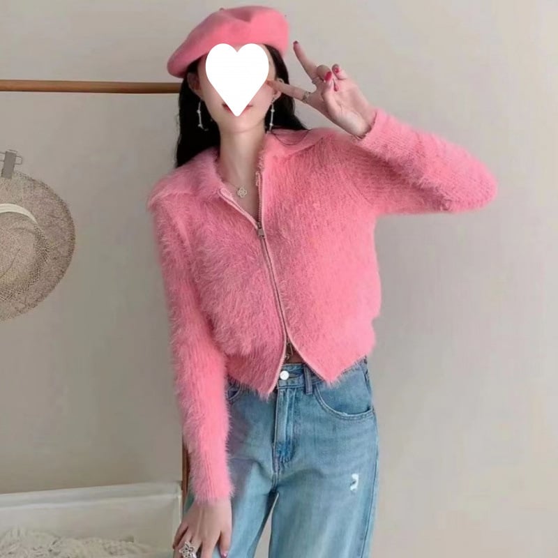 Kardigan Mink Velvet sa zipom, polo ovratnik, dugi rukavi, viskoza 70–80%, gradski stil