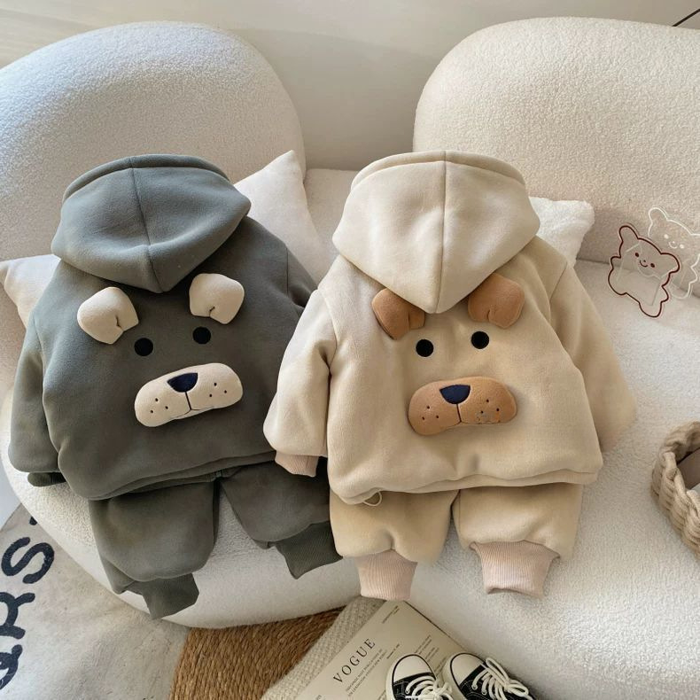 Pijamale de iarnă pentru copii cu imprimeu desen animat, set din 2 piese, amestec din bumbac gros, unisex, menține căldura, pentru copii între 3 și 8 ani