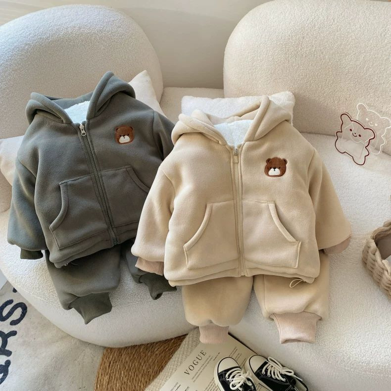 Pijamale de iarnă pentru copii cu imprimeu desen animat, set din 2 piese, amestec din bumbac gros, unisex, menține căldura, pentru copii între 3 și 8 ani