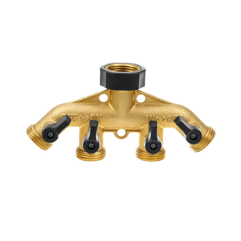 Ορειχάλκινη τετραδρομική βαλβίδα σφαίρα, σύνδεση αμερικανικού τύπου, διανομέας ροής νερού για κήπο