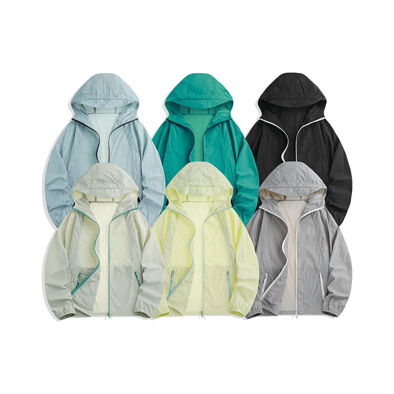 Windbreaker s kapuljačom i UV zaštitom, UPF100+, najlon tkanina, zatvarač, 3D džepovi