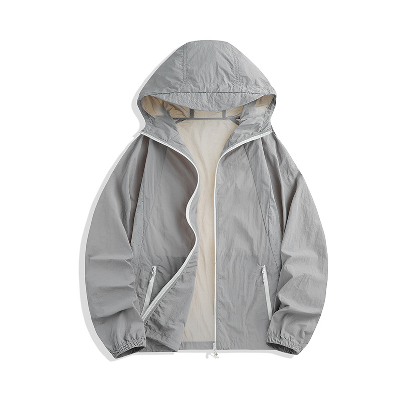 Windbreaker s kapuljačom i UV zaštitom, UPF100+, najlon tkanina, zatvarač, 3D džepovi