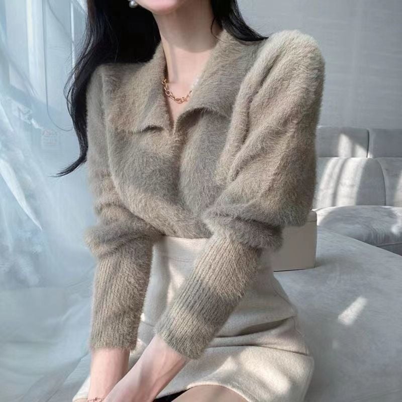 Ženski pulover od chenille pletenine s kvadratnim izrezom, hongkonški stil, topao i mekan