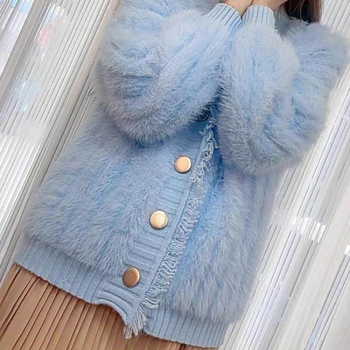 Cardigan tricotat pentru femei cu decolteu în V și închidere cu nasturi, croi lejer, material poliester-bumbac, toamnă-iarnă 2025