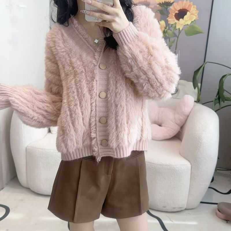 Cardigan tricotat pentru femei cu decolteu în V și închidere cu nasturi, croi lejer, material poliester-bumbac, toamnă-iarnă 2025