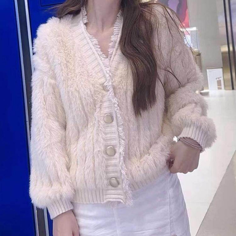 Cardigan tricotat pentru femei cu decolteu în V și închidere cu nasturi, croi lejer, material poliester-bumbac, toamnă-iarnă 2025