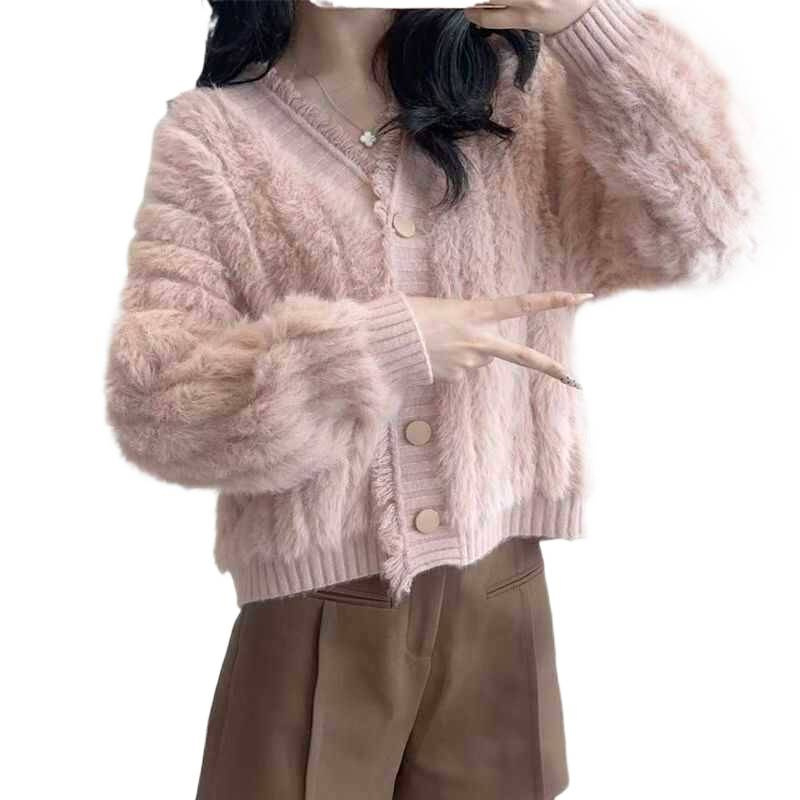 Cardigan tricotat pentru femei cu decolteu în V și închidere cu nasturi, croi lejer, material poliester-bumbac, toamnă-iarnă 2025