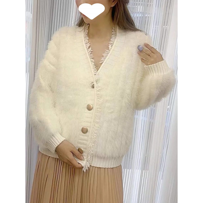Cardigan tricotat pentru femei cu decolteu în V și închidere cu nasturi, croi lejer, material poliester-bumbac, toamnă-iarnă 2025