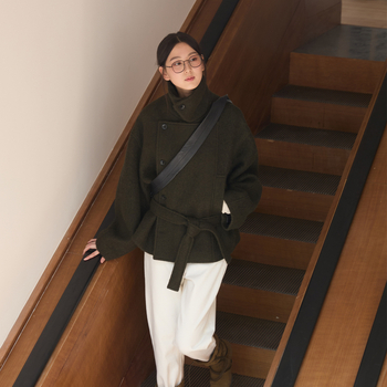 Ženski vuneni kaput, casual japansko-korejski stil (Sadržaj vune 70–80%, Srednja debljina, Dugi rukavi, Rever ovratnik)