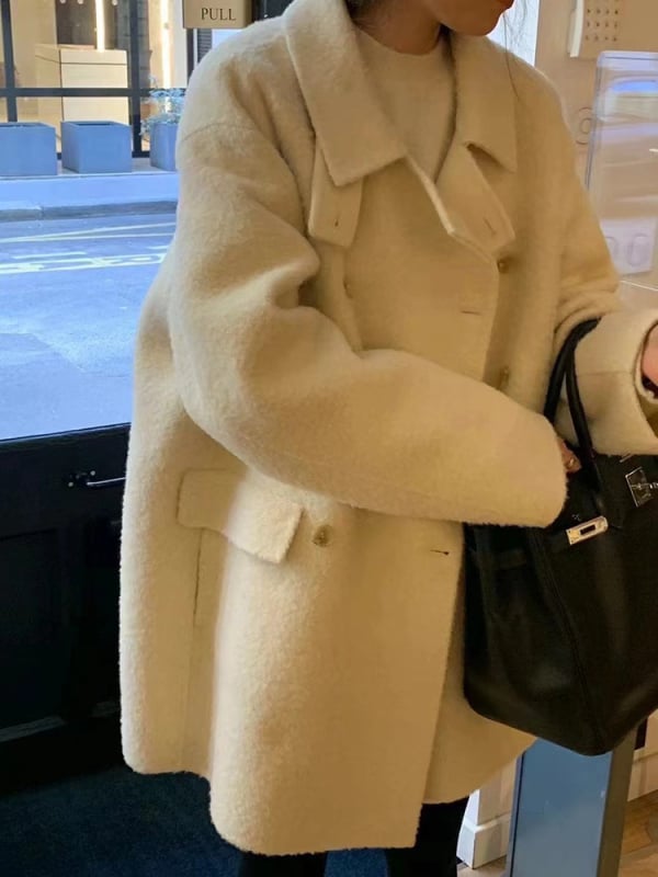 Női gyapjú kabát reveres gallérral, dupla gombolás, vast gyapjúkeverék 30–50%, egyenes fazonú hosszú kabát