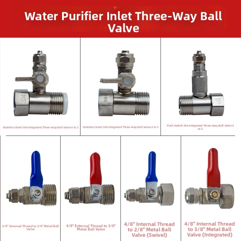 Supapă cu bilă metalică tri-direcțională pentru intrarea în purificatorul de apă; material: cupru sau 304 oțel inoxidabil; robinet de distribuție a apei pentru sisteme de apă pură