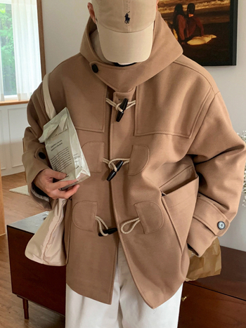 Kabát, koreai stílus, lazított szabás, kapucni, vastagított, elöl egyrészes gombolás