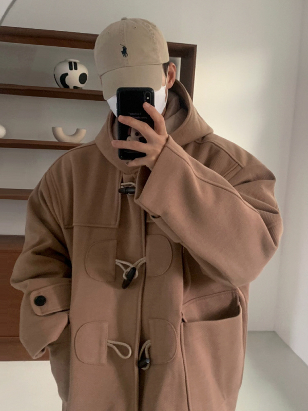 Kabát, koreai stílus, lazított szabás, kapucni, vastagított, elöl egyrészes gombolás